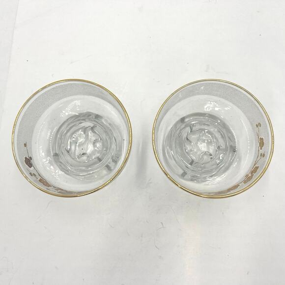 Floral Gold Leaf Etched Footed Lowball Glassware Retro Mid-Century Set of 2 - Picture 3 of 8